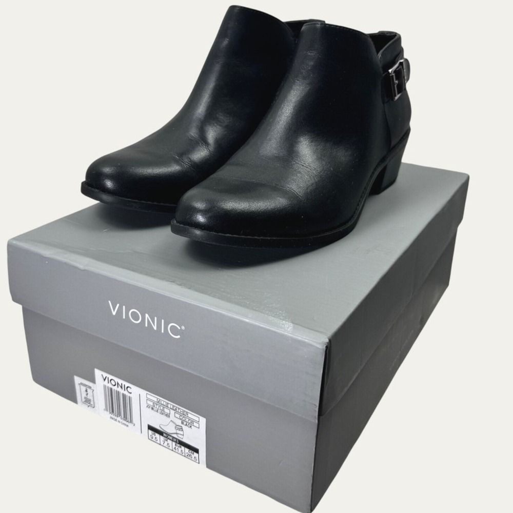 Vionic Millie Leather Ankle Boots Women 9.5 Black Buckle Zip Block Heel Comfort